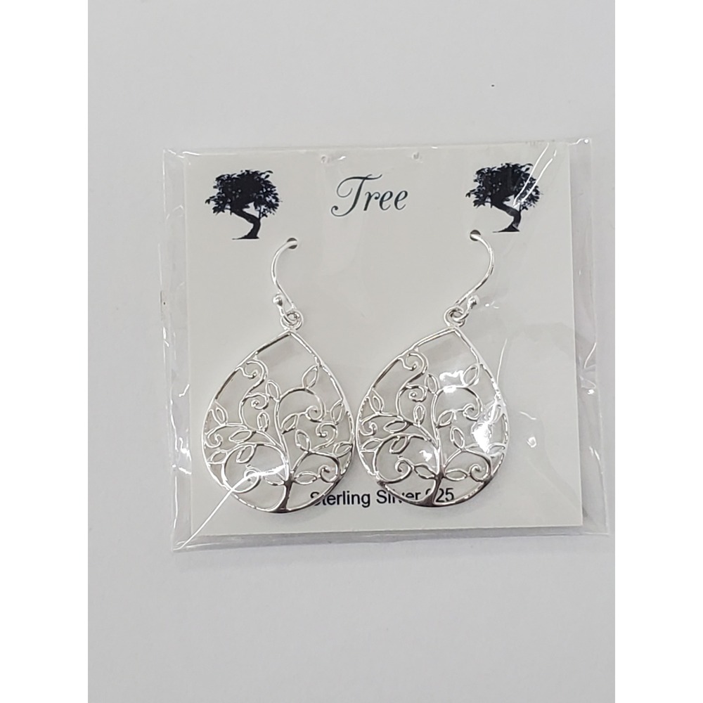 Sterling Silver 925 Tree of Life Teardrop Dangle Earrings French Wire New